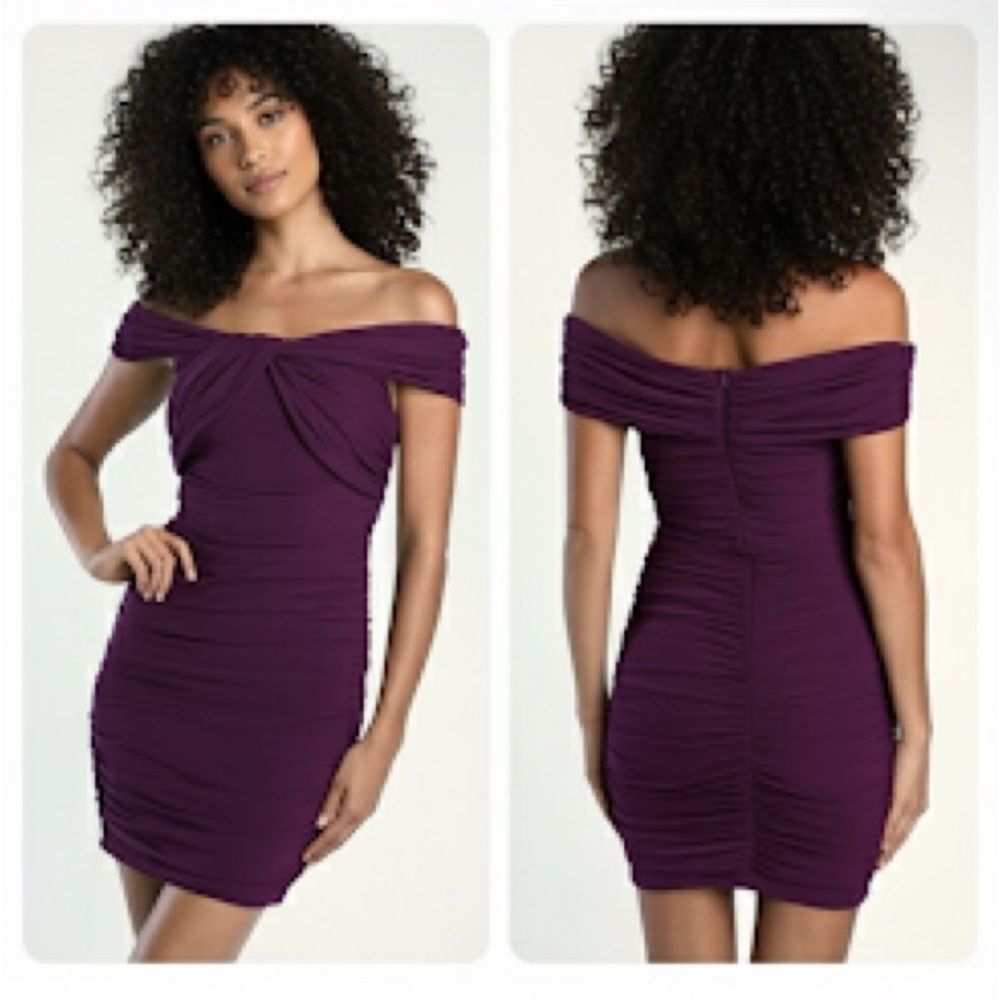 Lulus Alluring Nights Purple Ruched Off-the-Shoulder Mini Bodycon Dress Small